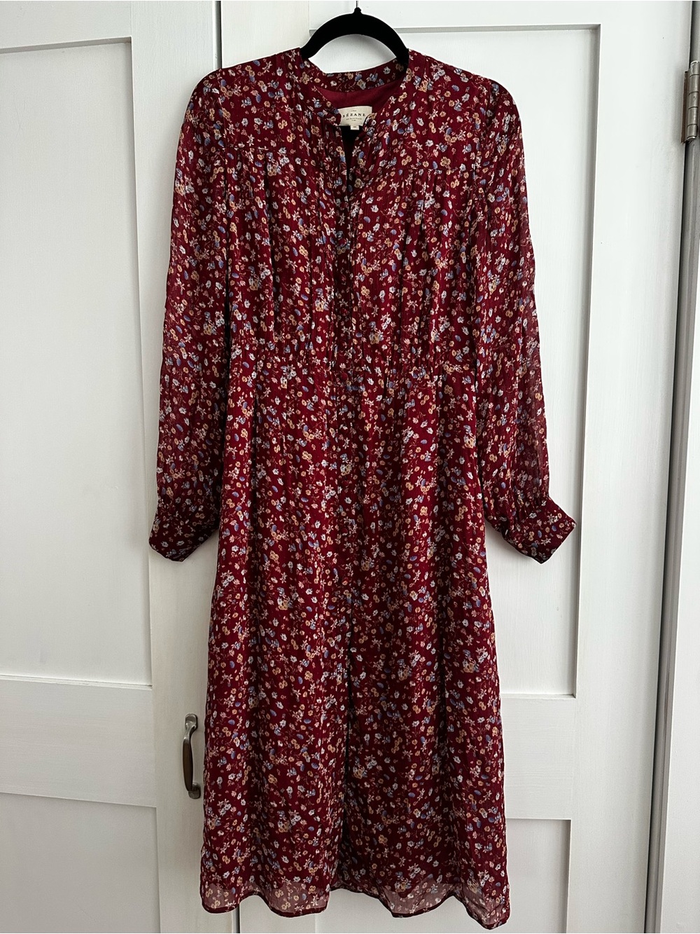 Sezane Burgundy Floral Long Sleeve Midi Dress with V-Neck